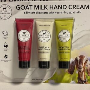 Dionis Goat Milk Hand Cream in Sugarberry, Toasted Vanilla Chai, and Crisp Pear
